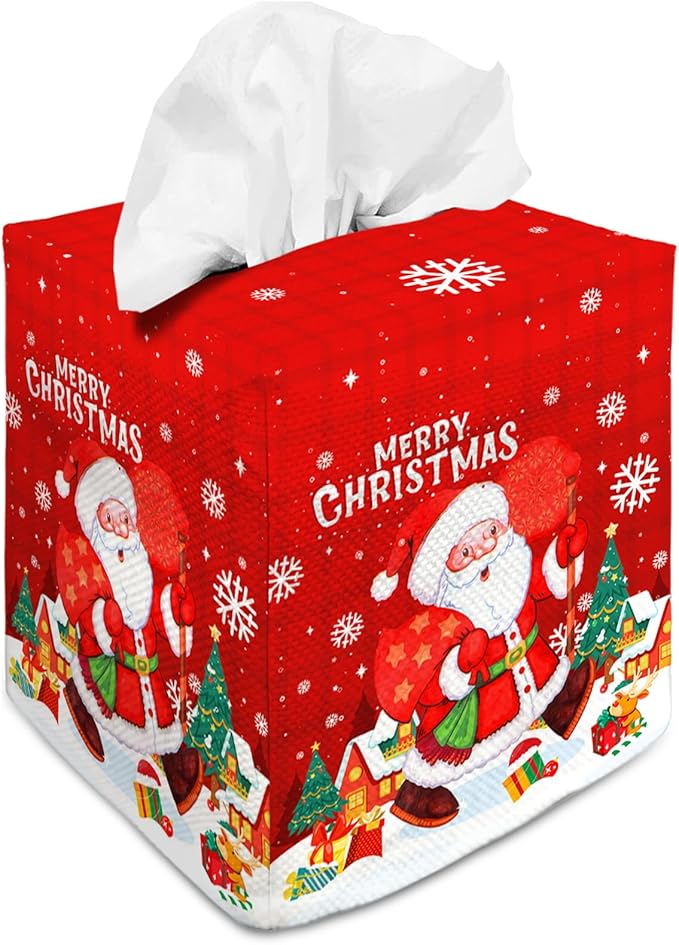 Tissue Box Cover Square Decorative Tissue Box Holder Cute Funny Cube Tissue Case Cover-Xmas Decor Christmas Santa Claus Tissue Box Cover