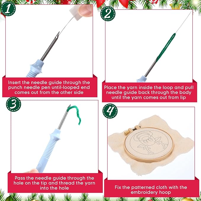 Yaomiao 6 Pcs Christmas Punch Needle Coaster Kit Punch Needle Embroidery Kits Craft Supplies with Patterns Yarns Tools Adhesive Felt Embroidery Hoop Instruction Holder for Adult DIY