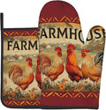 Farmhouse Rooster Oven Mitts and Pot Holder Set of 2 Vintage Chicken with Floral Kitchen Gloves Potholders Heat-Resistant Rustic Oven Gloves Hot Pads for Cooking Baking Grilling