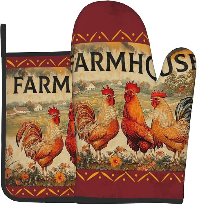 Farmhouse Rooster Oven Mitts and Pot Holder Set of 2 Vintage Chicken with Floral Kitchen Gloves Potholders Heat-Resistant Rustic Oven Gloves Hot Pads for Cooking Baking Grilling