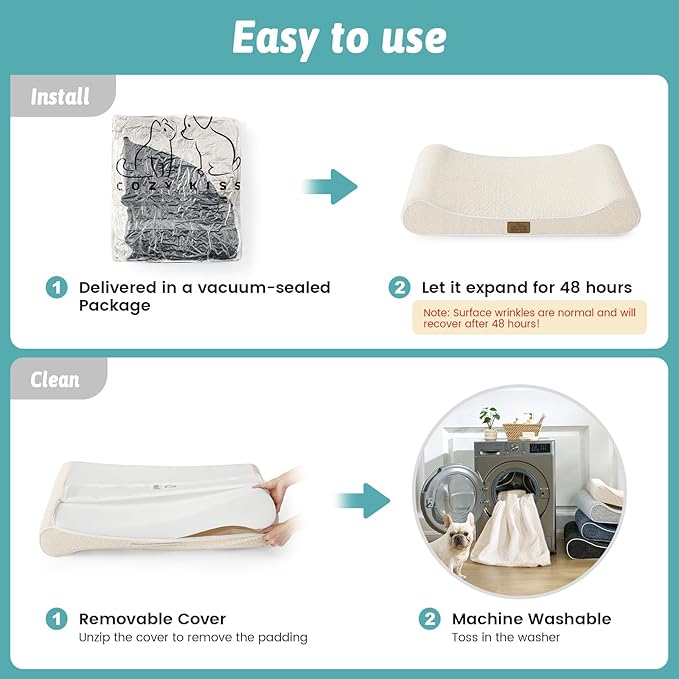 COZY KISS Orthopedic Dog Bed for Small Dogs up to 35 lbs - Removable Washable Cover with Waterproof Lining & Non-Skid Bottom, Cotton-Polyester Blend Boat-Shaped Lounger Mattress, S(30x20x5in), Beige