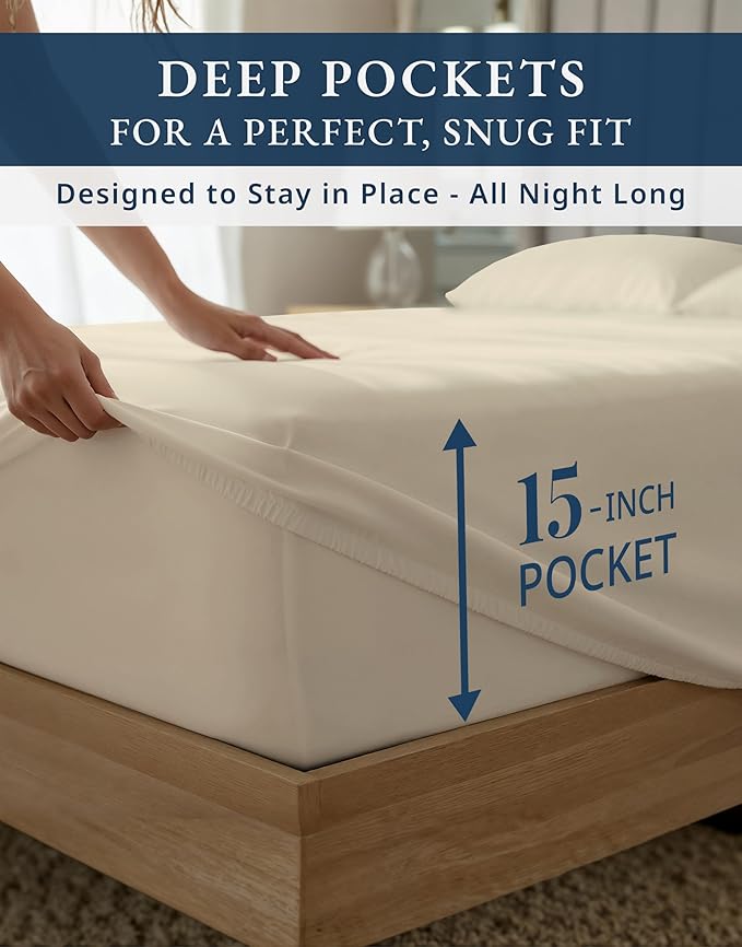 LANE LINEN 100% Egyptian Cotton Twin Bed Sheets - 1000 Thread Count, Eco Friendly Naturally Cooling Sheets, Soft & Comfy Sateen Weave for Silky Smooth Finish, Available in Variety of Color - Ivory