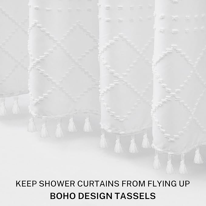 Extra Long White Textured Woven Fabric Boho Shower Curtain with Tassels 72 x 84 Modern Farmhouse Minimalist, Tufted Chevron Striped Shabby Chic, Water Resistant Cloth Curtain for Bathroom, Hotel Decor