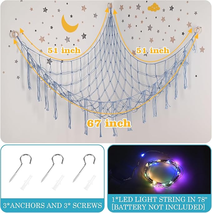Large Size Stuffed Animal Hammock Corner with LED Light, Cotton Rope Corner Net for Stuffed Animals Storage,Toy Hammock for Stuffed Animals Organizer, Baby Nursery Bedroom Decor(XL-Blue)
