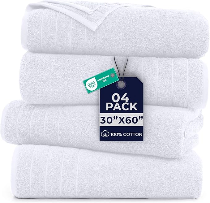 DAN River Extra Large Bath Towels Set of 4, 30 x 60 Inches - 100% Cotton Larger & Lighter Weight Towels for Bathroom - Quicker to Dry, Super Soft & Highly Absorbent Towels for Home, White