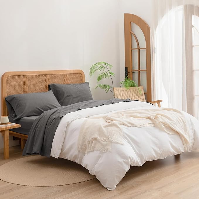 BESTOUCH Sheet Set 100% Washed Cotton Linen Feel Super Soft Comfortable Chic Lightweight 4 Pcs Home Bedding Set Solid Dark Grey Full