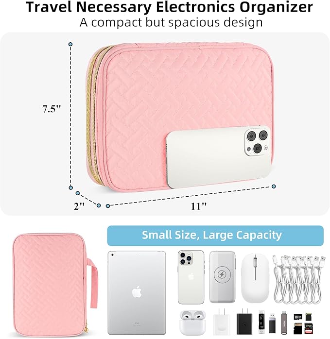 ZFZGFRCS Electronics Organizer Travel Case, Charger Bag Cord Organizer Travel, All-in-One Cable Organizer Bag for Charger, Cords, Phone, Headphones, Flash Drive, SD Card (Pink, Large-Double Layer)