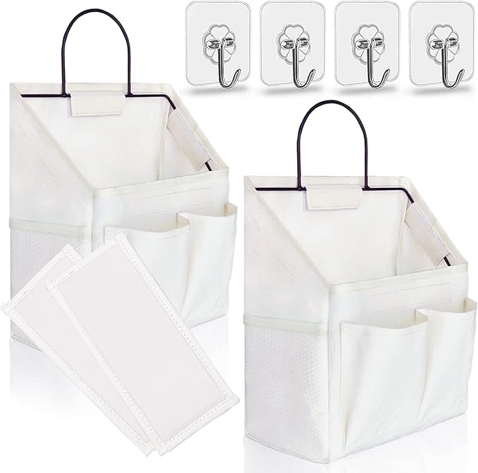 Kanrichu 2pcs Wall Hanging Organizer Bag, Linen Fabric Door Hanging Storage Basket with Pockets, Waterproof Bin for Kitchen, Bedroom, Office, RV Camper (White)