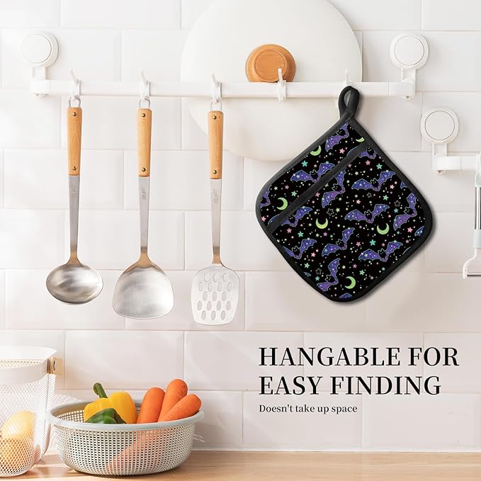 Pot Holders for Kitchen, Heat Resistance Hot Pads, Cute Potholder with Pocket for Kitchen Cooking Baking, Purple Bats