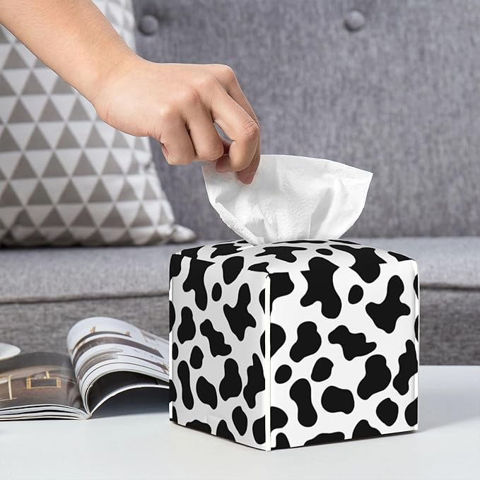 POIUBLE Cow Print Tissue Box Cover Leather Tissue Box Holder Square Facial Paper Organizer Dispenser for Bathroom Kitchen Bedroom Vanity Countertop Night Stands