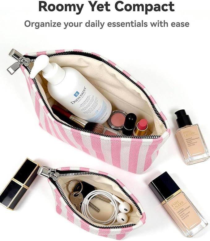 2 Pcs Makeup Bag Set, Women Gifts, Travel Cosmetic Bags, Canvas Make up Bag for Purse, Pink Striped Makeup Pouch with Zipper Lining, Cosmetic Storage Car Organizer, Portable Large & Small Toiletry