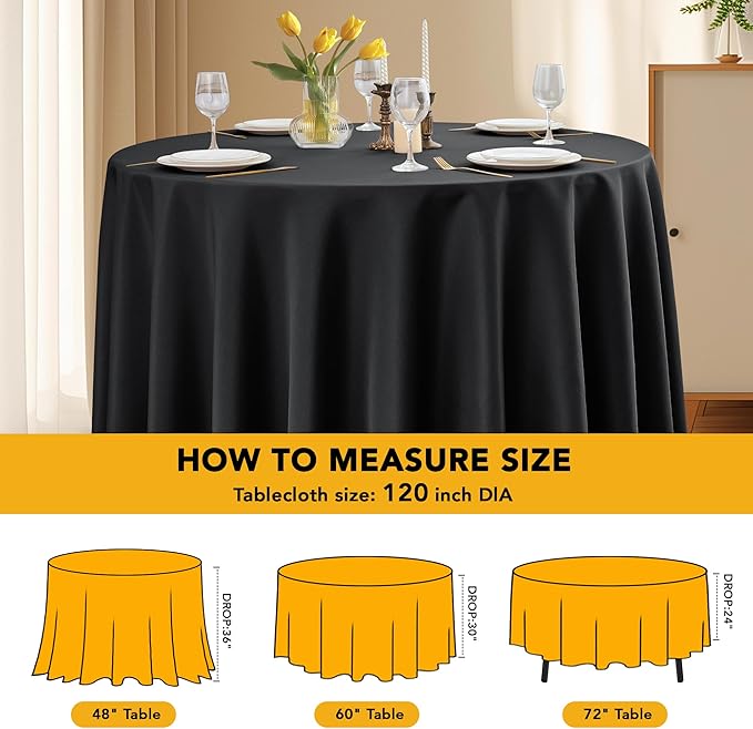 6-Pack Black Round Tablecloths, 120 Inches, Stain-Resistant Polyester for 5-6 Ft Round Tables - Washable Table Covers for Weddings, Banquets, Birthday Parties, Events