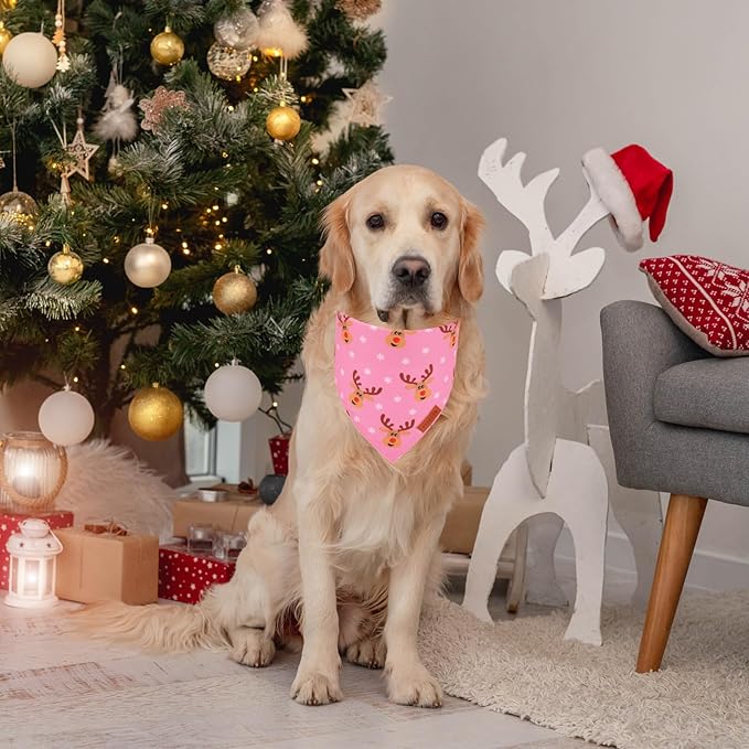 PTDECOR Christmas Dog Bandana,Xmas Pink Scarf Santa Deer Reversible Holiday Dog Scarf, Female Christmas Bandanas for Large and Extra Large Dogs Pets (X-Large)