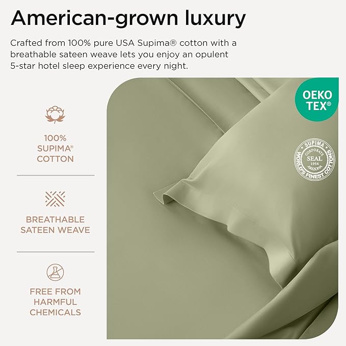 Threadmill Twin Sheet Set | 656 Thread Count 100% Supima Cotton Sheets for Twin Mattress | Solid Sateen Twin Bed Sheets Set with 16” Deep Pocket| Soft Breathable 3-Piece Cooling Sheet Set | Sage Green