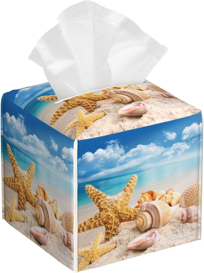 Beach Starfish Tissue Box Cover,Seashells PU Leather Tissue Box Holder Square,Modern Home Decoration for Bathroom Living Room Kitchen Office Car,5.2"×5.2"×5.2"