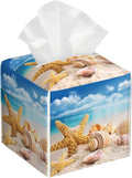 Beach Starfish Tissue Box Cover,Seashells PU Leather Tissue Box Holder Square,Modern Home Decoration for Bathroom Living Room Kitchen Office Car,5.2"×5.2"×5.2"