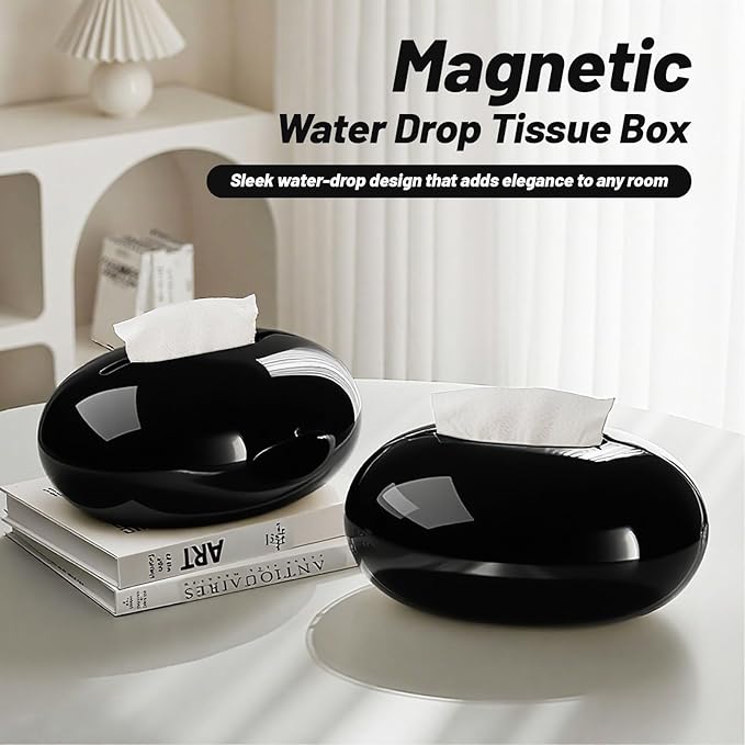 Modern Tissue Box Cover for Home and Office – Magnetic Lid Oval Tissue Holder, Inside Dimensions 8.07" × 5.91" × 3.44", Decorative Clear Double-Layer Plastic, Luxe Home Decor (White)