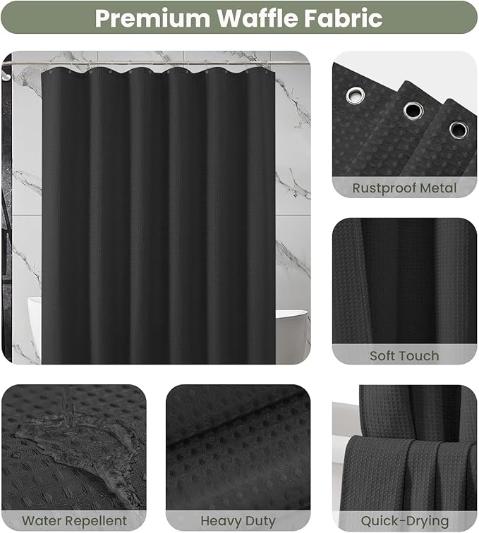 Inhousolu Fabric Shower Curtain Waffle Weave, 230 GSM Heavy Duty, Weighted Hem, 14 Metal Hooks, Water Repellent, Machine Washable, Hotel Spa Luxury Bath Curtain Set, 72 x 96 Inch, Black