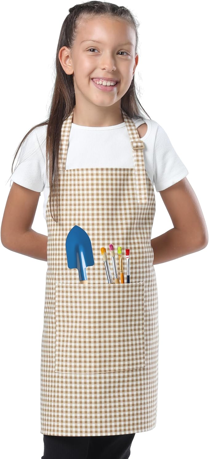 Kids Aprons for Cooking Waterdrop Resistant Aprons for Girl & Boy Toddler Apron for Painting, Gardening, Baking, Smock (Plaid Brown, Medium (6-10 years)