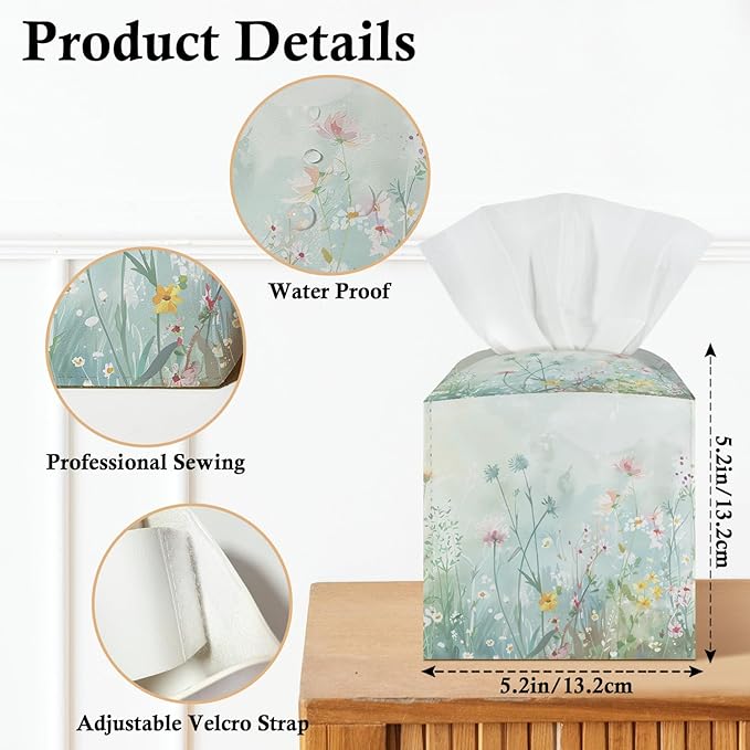 Watercolor Flowers Tissue Box Covers Square, Leather Tissue Box Holders Decorative for Car Nightstand Home Office Bathroom Organizer, Square Facial Paper Organizer Home Decor -010