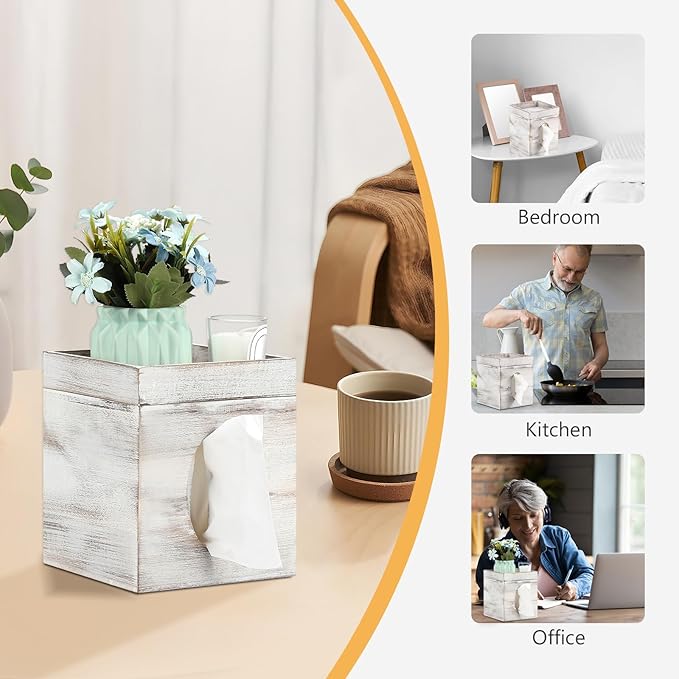 Tissue Box Cover, White Washed Solid Tissue Box Cover with Storage Tray Square Tissue Box Covers Holder for Bathroom, Bedroom, Dinner Table, Office, Tabletop 6" x 6" x 7.4"