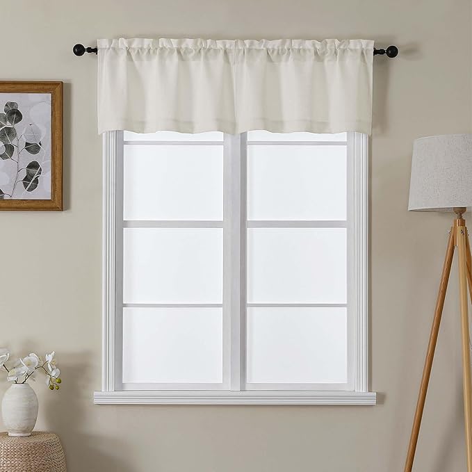Lecloud Bessie Ivory Valance for Windows 14 Inch Length 2 Pcs, Faux Linen Semi-Sheer Curtain Valance, Yellowish Cafe Short Curtains with Rod Pocket for Small Windows, Each 30 W x 14 L