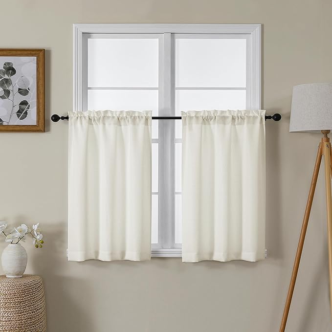 Lecloud Bessie Ivory Kitchen Curtains 30 Inch Length 2 Panels, Faux Linen Semi-Sheer Curtain Tiers, Window Treatments for Bedroom Bathroom, Rod Pocket Short Window Curtains, Each 30 W x 30 L