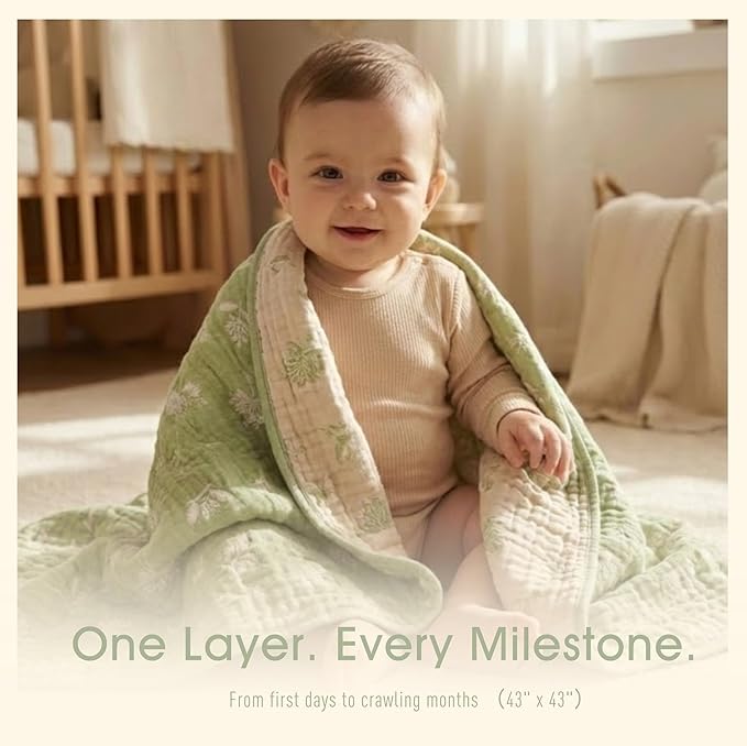 HardNok Ultra Soft Muslin Baby Blanket - Made with Organic Cotton, Earthy Botanicals Jacquard Swaddle & Crib Quilt, 43x43 (Sage Green Floral)