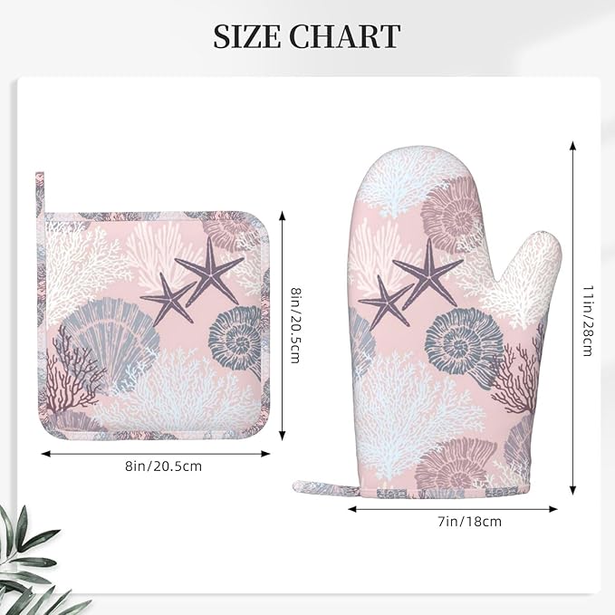 Nautical Coastal Oven Mitts and Pot Holders Set, 4pcs Silicone Starfish Seashell Coral Beach Themed Oven Glove for Kitchen Heat Resistant Oven Mitts and Non-Slip Potholders Pink