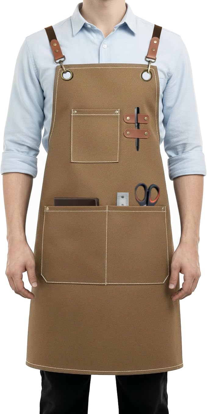 Canvas Work Apron for Men Women with 3 Pockets Heavy Duty Crossback Kitchen Chef Aprons for Cooking Grilling Barista