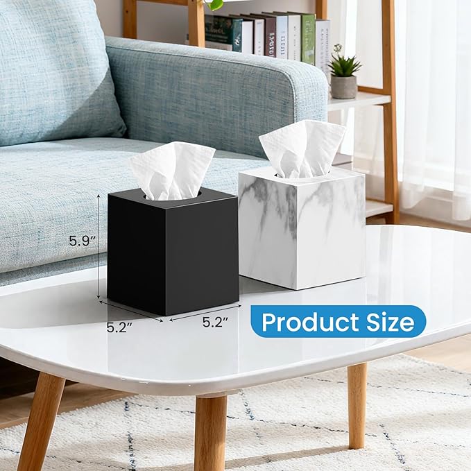2 Pack Marble Tissue Box Cover, Square Acrylic Tissue Holder, Decorative Facial Tissue Box Vessel Cube Paper Organizer Dispenser for Bathroom Office, Night Stand, Desk, Car, Vanity, Countertops