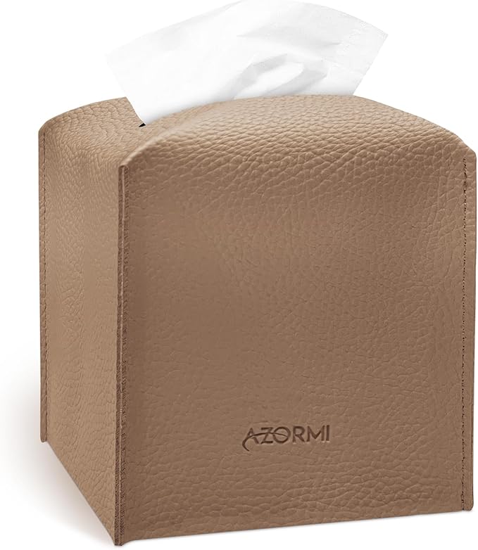 Tissue Box Cover Holder, PU Leather Tissue Box Cover Square with Bottom Belt, Cube Tissue Holder for Bathroom, Modern Organizer for Car, Office, Tabletop (Camel, 14 Leather Patterns)
