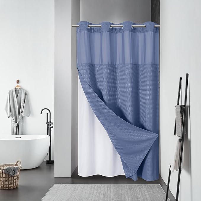 eachope MoonLightBlue No Hook Waffle Weave Shower Curtain with snap-in Liner Replacement, 230GSM Waterproof Fabric Hotel Shower Curtain Set for Bathroom, Through Mesh Top Window,54Wx80H