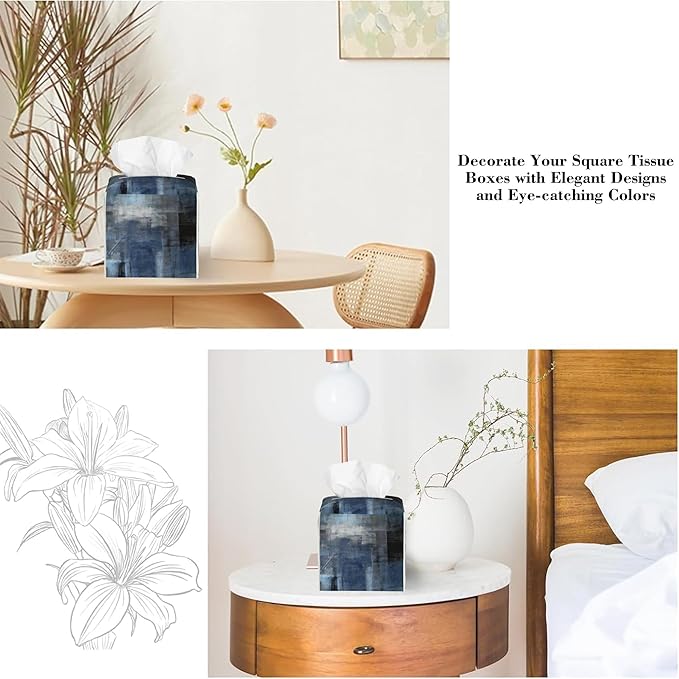 Blue and Brown Art Painting Tissue Box Cover,Abstract Boho Art Waterproof Leather Square Tissue Box Cover Case Facial Paper Organizer Dispenser Box Holder for Home Office Bathroom Vanity Countertop