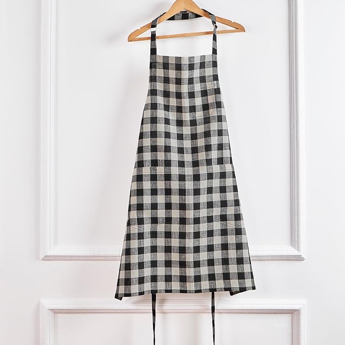 Solino Home Linen Bib Apron for Men & Women - 33 x 30 Inch Kitchen Apron with Front Pockets - Handcrafted from European Flax