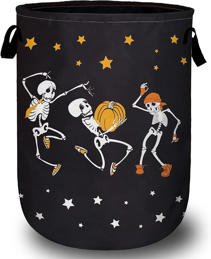 Dancing Skull Laundry Basket with Sturdy Handles, Halloween Funny Collapsible Oxford Cloth Laundry Hamper Organizer Basket for Bathroom Bedroom 15.7x20 Inch