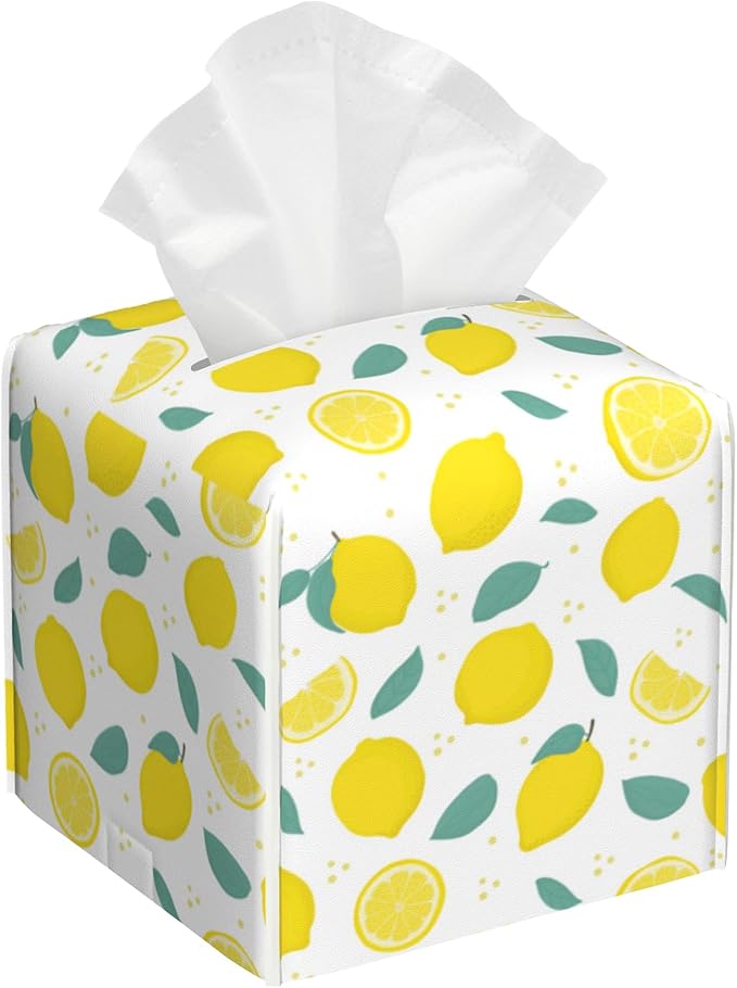 Lemon Citrus with Leaves Tissue Box Cover,Waterproof Leather Square Tissue Box Cover Case Facial Paper Organizer Dispenser Box Holder for Home Office Bathroom Vanity Countertop