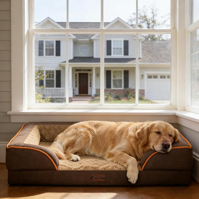 Casa Paw Orthopedic Dog Beds for Large Sized Dogs, Waterproof Memory Foam Large Pet Bed with Sides 36x27Inch, Non-Slip and Egg-Crate Foam Big Dog Couch Bed with Removable Washable Cover, Brown