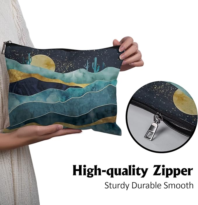 Cafl Mountain Cactus Moon Makeup Bag Travel Large Boho Desert Cactus Cosmetic Bag Essentials Jewelry Skincare Zipper For Women-10×8 inch