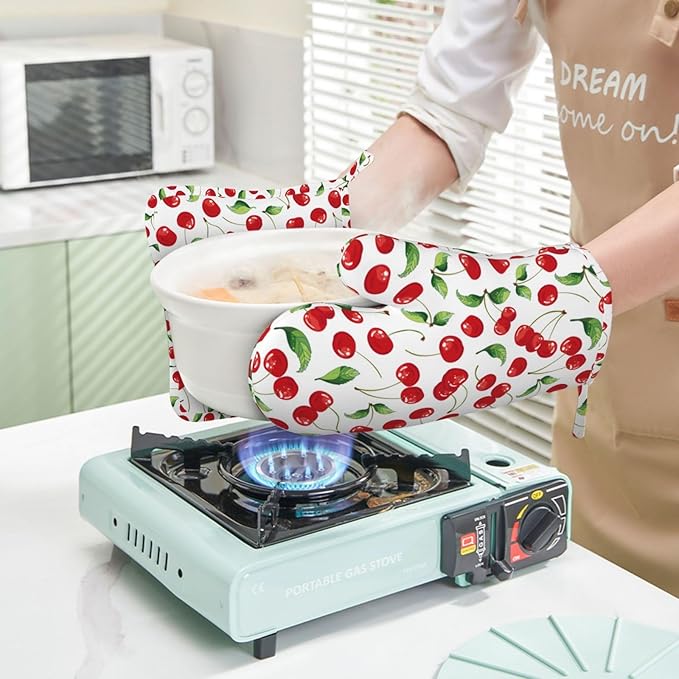 Cherry Fruit Pattern Oven Mitts and Pot Holders Sets Silicone Watercolor Cherries Kitchen Mitts Potholders Heat Resistant 4Pcs Oven Gloves Hot Pads for Kitchen Baking Cooking BBQ Grilling