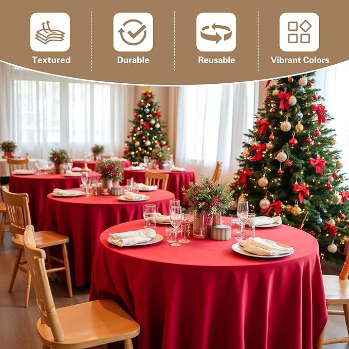 sancua Christmas Red 120 Inch Round Tablecloth, 8 Pack - Circle Polyester Fabric Table Cloth for Wedding Party Reception Banquet Birthday, Washable Formal Table Cover (Fit 48-96 Inch Tables)