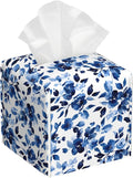 Tissue Box Cover Square, Sweet Blue Flower Watercolor Leather Tissue Box Holder Decorative Organizer for Bathroom, Home Office Car Decor