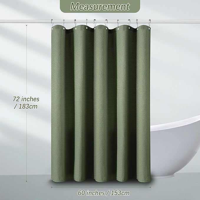 PANGSINNE 60 inch Waffle Shower Curtain - Heavy Duty Thick Fabric Green Shower Curtains for Bathroom, Weighted Hotel Spa Luxury Water Repellent Cloth Bath Curtain with 10 Hooks, 60Wx72H Sage Green