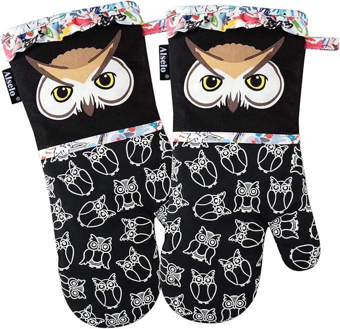Oven Mitts, Heat Resistant with Soft Quilted Cotton Lining Set of 2, Fashion Animal Design with Silicone Printing Anti-Slip Kitchen Gloves for Safe Backing Cooking Barbecue（Black 2）