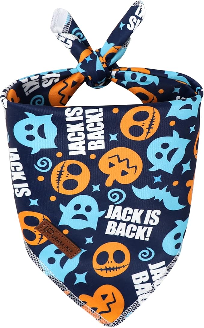 UP URARA PUP Halloween Dog Bandana – Spooky Ghost Print Triangle Scarf for Small Medium Large Dogs, Soft Cotton Pet Bib for Fall, Adjustable Dog Kerchief for Trick or Treat & Costume Parties