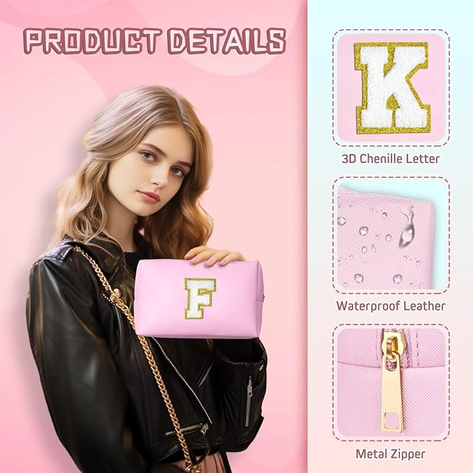 TOPEAST Initial Makeup Bag, Birthday Gifts for 4 5 6 7 8 9 10 11 12 Year Old Teen Girls, Personalized Preppy Cosmetic Bags Toiletry Bag (Pink A)