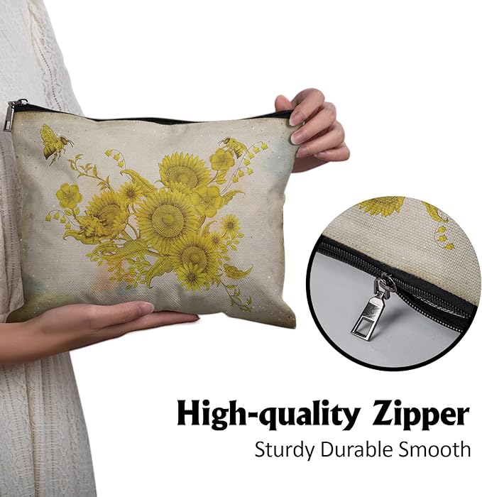 Cafl Retro Honey Bees Makeup Bag Travel Large Elegant Floral Cosmetic Bag Organizer toiletry Essentials Jewelry Zipper Bag Gift For Women -10×8 inch