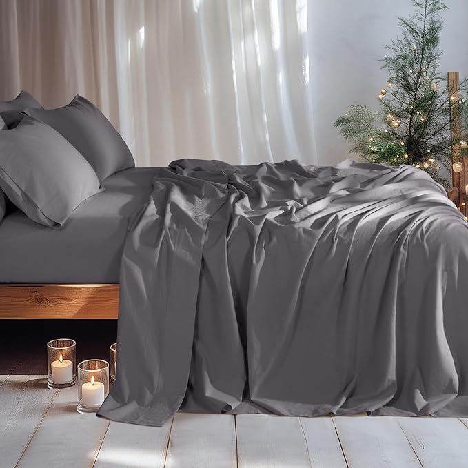 LBRO2M 100% Linen Sheet Set Queen Size, Bed Sheets 6 Piece Sets,Solid Color Natural Flax Bed Sheets Soft Breathable Bedding,16" Deep Pocket,All Season (Queen, Dark Grey)