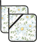 2pcs White Daisy Pot Holders Flower Printing Heat Resistant Hot Pads Green and White Background Cooking Barbecue Microwave Washable BBQ Grilling Potholders