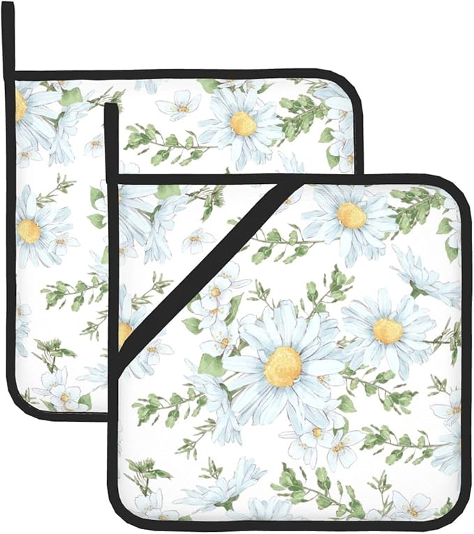 2pcs White Daisy Pot Holders Flower Printing Heat Resistant Hot Pads Green and White Background Cooking Barbecue Microwave Washable BBQ Grilling Potholders